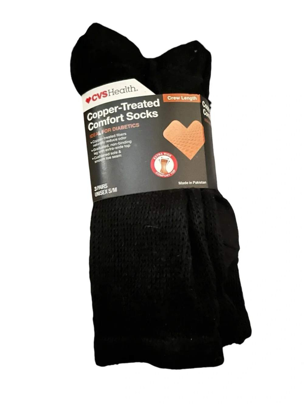 CVS Health Copper-Treated Comfort Socks - Black, Crew Length (3 Pairs)